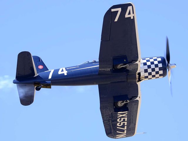 N5577N — - Goodyear F2G-2 Corsair N5577N Race 74 at the Cactus Fly-in on March 3, 2012.