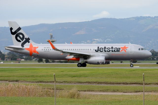 Airbus A320 (VH-VFU) - On taxiway heading for take-off on runway 05. Thursday, 19 June 2014.