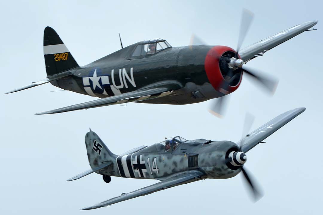 REPUBLIC Thunderbolt (NX3395G) - Republic P-47G Thunderbolt NX3395G Spirit of Atlantic City NJ and Focke Wulf Flugzeugbau FW 190A-9 N190RF at Chino, California on April 30, 2016. 