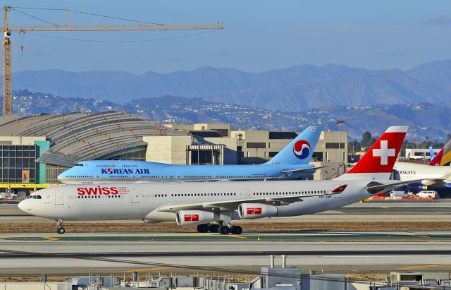 Airbus A340-300 (HB-JMF) - HB-JMF Swiss International Air Lines Airbus A340-313X (cn 561) "Fürstentum Liechtenstein"  HL7404 Korean Air Boeing 747-4B5 (cn 26409/1170)  Los Angeles - International (LAX / KLAX) USA - California, October 23, 2012 TDelCoro