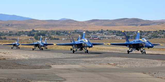 — — - The six aircraft of the US Navys Blue Angels primary aerial demonstration team approach my position in the six-ship, two-two-two, wingtip-to-wingtip, group taxi formation as they arrive at Reno Stead Airport for the 2016 National Championship Air Races event.br /Suggestion ... For better Q, this photo is best viewed at its actual size (ie: "FULL").