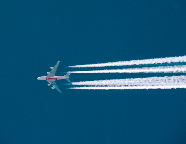 Airbus A380-800 (UAE215) - The other day the plane that goes overhead from Dubai to Los Angeles finally stayed a bit to the west as it flew over Carson City. Ive been waiting for a chance to see the name right side up.