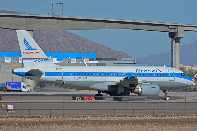 Airbus A319 (N744P) - American Airbus A319-0112 N744P heritage Piedmont Pacemaker at Phoenix Sky Harbor on January 25, 2018.  