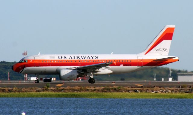 Airbus A319 (N742SP) - From July 2009 - US Airways in PSA livery departs BOS. 