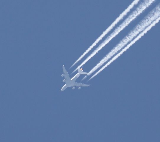 Airbus A380-800 — - Lufthansa A380 Flying Over London,Canada coming from Frankfurt onroute to Houston