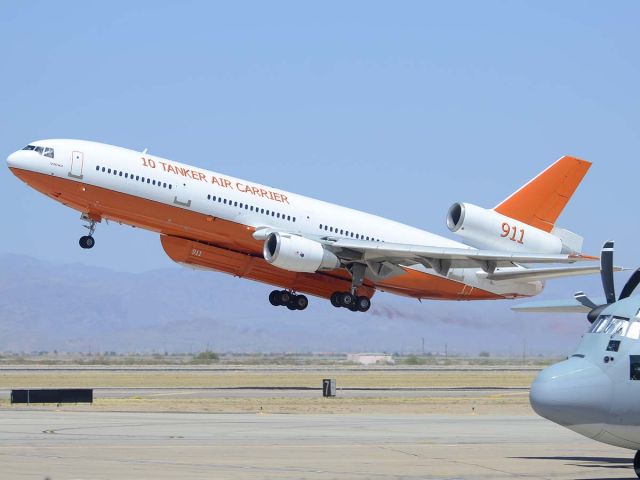 McDonnell Douglas DC-10 (N17085) - Tanker 911 taking off from Runway 30 Left with a load of retardant to drop on the Wallow Fire.