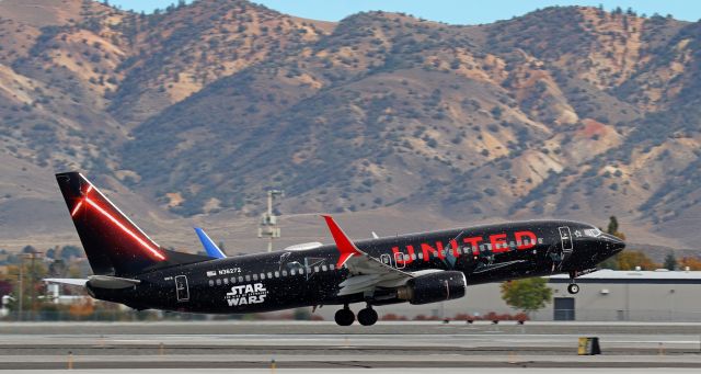 Boeing 737-800 (N36272) - UA's "Star Wars" livery (N36272) is off 16R and beginning to climb away from RNO headed back to DEN.