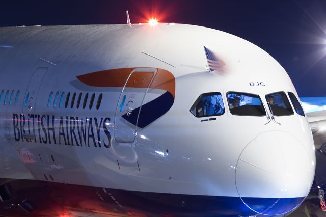 Boeing 787-8 (G-ZBJC) - Inaugural flight to Austin TX! With a US flag over the flight deck.