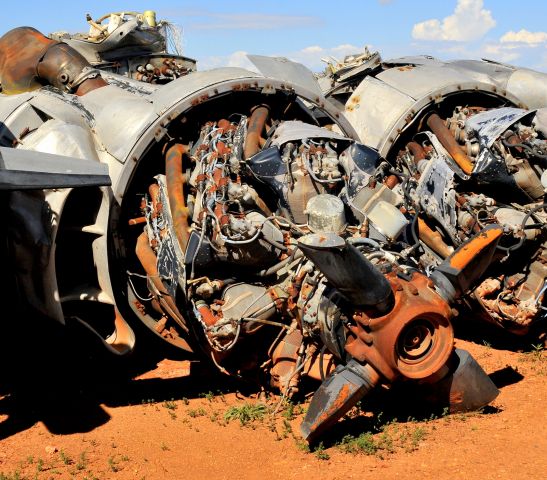 — — - A sorrowful sight from the past.  This 4360 Wasp engine was salvaged from a KC97 Stratotanker just prior to its demise.  Planes of Fame Air Museum, Valle Airport, AZ.