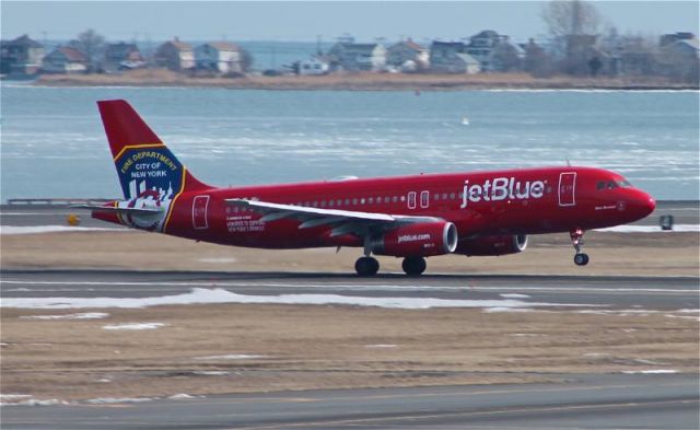 Airbus A320 (N615JB) - N615JB, "Blue Bravest" rotating off 22L bound for Las Americas (SDQ) on March 1st, 2014