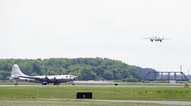 Boeing B-29 Superfortress (46-9972) - B29 waiting for B25 to clear runway at Holman Field on July 13.  Both planes were headed to Oshkosh air show after being open to inspections and rides in St. Paul.