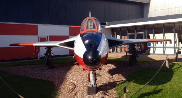 Hawker Hunter (SWV395) - Hawker Hunter in front of Aviodrome air plane museum in Lelystad (NL), October 2016.