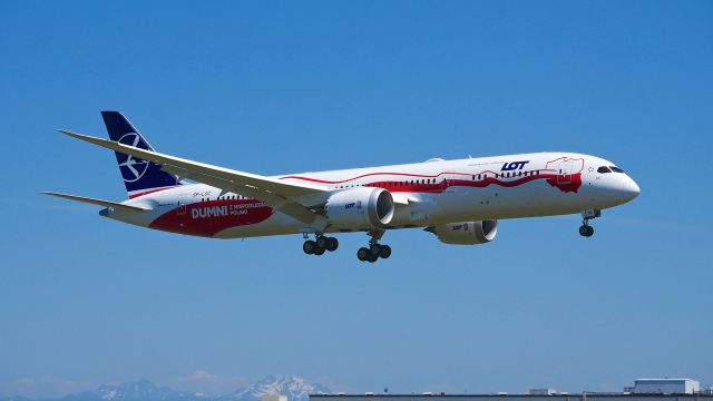 Boeing 787-9 Dreamliner (SP-LSC) - BOE013 on final to Rwy 16R to complete a C1 flight on 6.19.18. (ln 710 / cn 39293). The special livery is to celebrate 100 years of Polish independence.