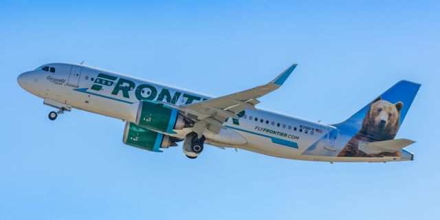 Airbus A320neo (N391FR) - A Frontier Airlines A320 neo "Grizwald the Grizzly Bear" taking off from PHX on 2/11/23 during the Super Bowl rush. Taken with a Canon R7 and Canon EF 100-400 II L lens.