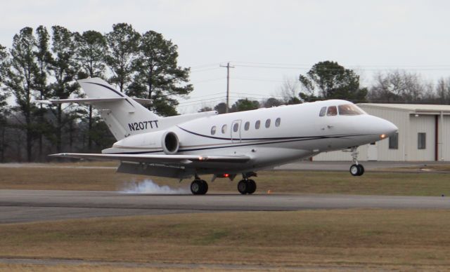 Hawker 1000 (N207TT) - A Hawker 1000 at main gear touchdown on Runway 23 at Thomas J. Brumlik Field, Albertville Regional Airport, AL - January 12, 2017. Shot with a Canon T5 in sports mode using the 75mm-300mm lens from the top of my vehicle just outside the airport perimeter fence.