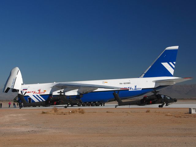 Antonov An-124 Ruslan (RNA82080) - Antonov An-124-100 preparing to take on a load of Boeing AH-64 Apache helicopters for the Royal Saudi Land Forces.