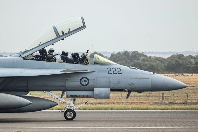 McDonnell Douglas FA-18 Hornet (A44222) - Both pilots of the RAAF F-18 super hornet waving to the crowd as they taxi back along the runway at the Avalon airshow!!