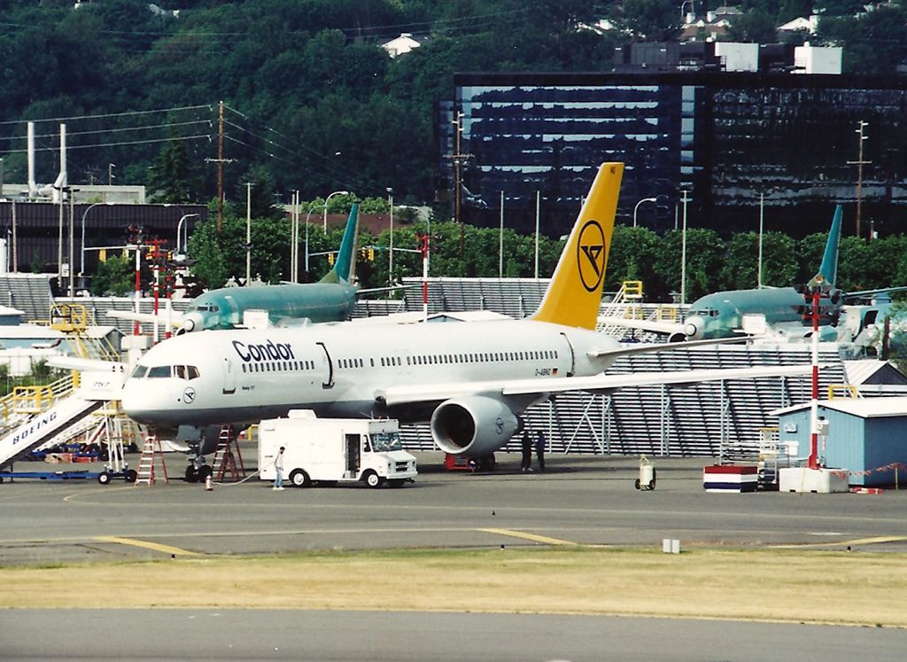 Boeing 757-200 (G-ABNO) - KRNT - new 757 for Condor sits on the ramp at Boeing Renton before 1st flight and delivery.