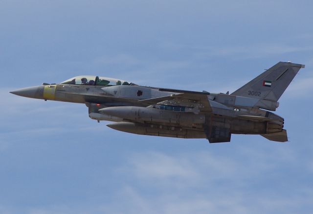 Lockheed F-16 Fighting Falcon (00-6057) - F-16F belonging to the United Arab Emirates Air Force departing NAS/JRB Fort Worth on a test hop. I can only surmise this aircraft was back in Fort Worth (home to what was the F-16 manufacturing plan) for some sort of overhaul or heavy maintenance (please view in "full" for highest image quality)