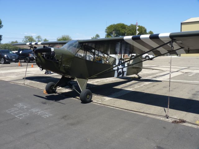 N51039 — - A Piper J-3 done up as an Army recon aircraft.  On display at the Lompoc Piper Cub Fly-in, 2015.