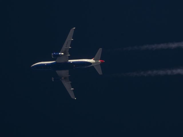 Airbus A319 (G-EUPK) - 22-11-2014 .British Airways Airbus A319 G-EUPK . Photographed this "Baby Airbus" Passing overhead West Lancashire , England,UK Working LHR - Belfast City shuttle service BA1416, Altitude 36,000ft.br /br /Nikon D7000.