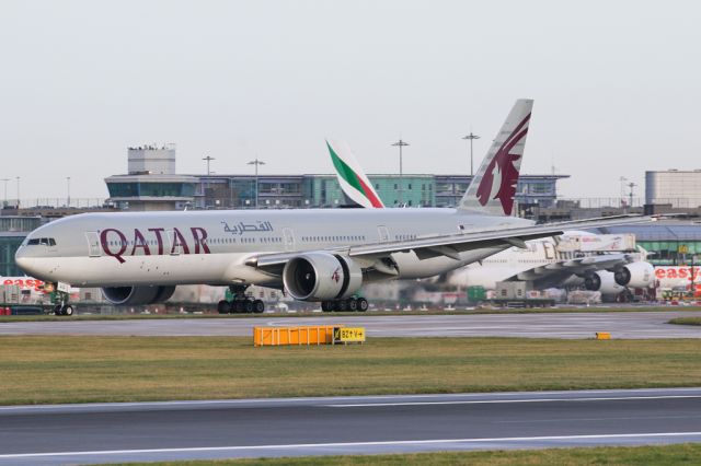 BOEING 777-300ER (A7-BAQ) - QTR27 arriving from Doha. QTR have 3 flights at day between Doha and Manchester and use 3 different aircraft, one for each service; A359, B77W and B788