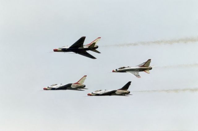 Fokker 100 — - North American F-100D. Thunderbirds preforming during a low altitude airshow, Otis AFB, Cape Cod, MA., Summer 1968