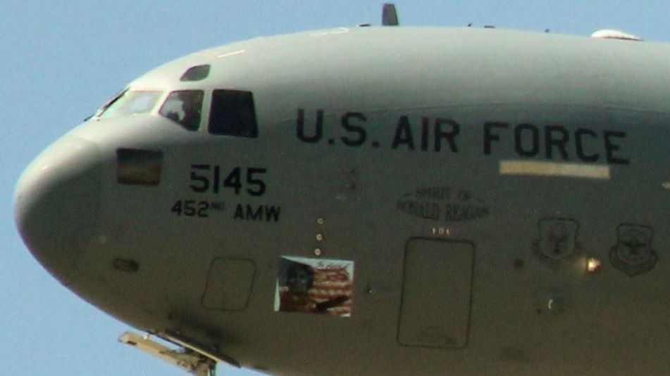 Boeing Globemaster III (N55145) - USAF C17 55145, The Spirit of Ronald Reagan. The 145th C17 delivered to USAF at March AFB in 2006. He was on final to KPMD May 11th 2016.