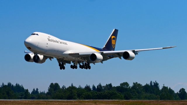 BOEING 747-8 (N628UP) - BOE691 on short final to Rwy 34L to complete a test flight on 6.28.21. (B747-8F / ln 1565 / cn 65779).