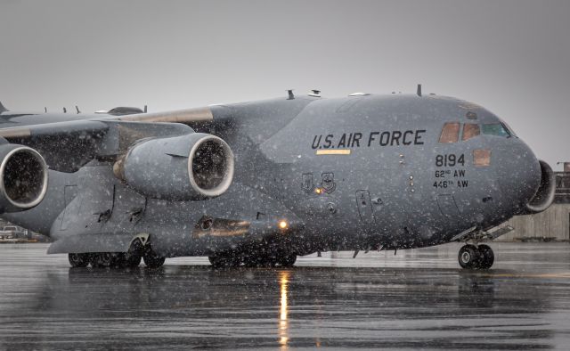 Boeing Globemaster III (08-8194) - ICE01 in a rare snow flurry at NZCH taxiing out for Phoenix Field.(It never made it there due bad weather in Antarctica and returned to NZCH a little over 7 hours after departure). 