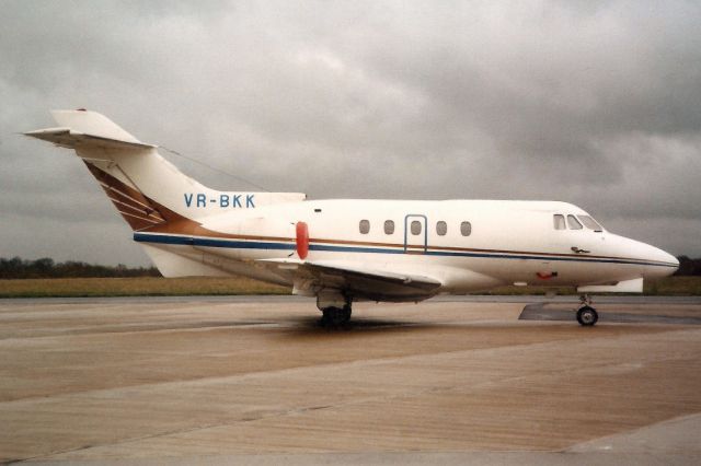 Hawker Siddeley HS-125-400 (VR-BKK) - Seen here in Nov-89.br /br /Reregistered VP-BKK 1-Jul-97.br /Damaged beyond repair 14-Feb-14 at EGHH.br /Used as a testbed with Tudor Scan Tech at St-Imier, Switzerland.