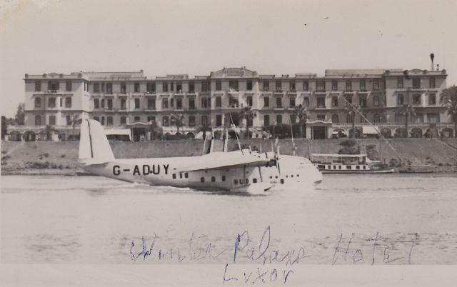 G-ADUY — - G-ADUY Capella an Empire C Class flying boat seen in front of The Sofitel Winter Palace in Luxor, Egypt. Capella was built in 1935 and served as a passenger and mail plane. Four years later, on March 12th, 1939, she crashed into an uncharted obstacle, in the harbour of Tandjong Priok, Batavia Java (Netherlands East Indies) (Jakarta, Indonesia), under the command of Captain Hussey. Imperial Airways had her dismantled and shipped to England, but water damage precluded repair and she was written off. Please look for more photos at OPShots.net.