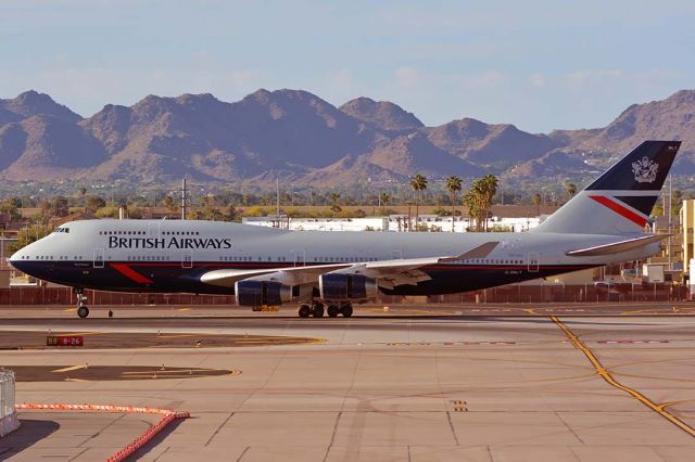 Boeing 747-400 (G-BNLY) - British Airways Boeing 747-436 G-BNLY visited Phoenix Sky Harbor on April 19, 2019. To celebrate the 100th anniversary of British Airways, it is painted in retro "Landor" livery dating to the period 1984 to 1987.