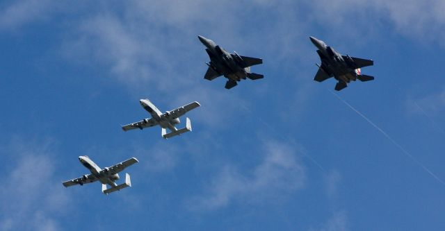 — — - The Idaho National Guard, in cooperation with the US Air Force, performed a flyover over certain parts of Idaho today. This is them over Idaho Falls.