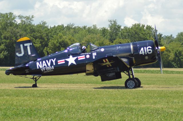 VOUGHT-SIKORSKY V-166 Corsair (N713JT) - From the Geneseo Airshow website. The “Korean War Hero” F4U4 Corsair has a legendary history. She served two tours on two different carriers. She has the distinction of flying over 200 combat missions. In 1951 she was aboard the USS Boxer (CV21), VF884 Naval Reserve Squadron from Olathe, Kansas.  This squadron was known as the “Bitter Birds” using the Kansas Jayhawk on their jacket patch.