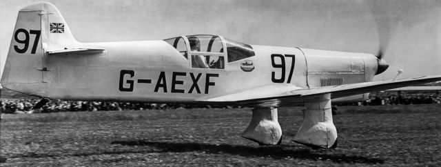 G-AEXF — - The Percival Mew Gull was a British racing aircraft of the 1930s. It was a small, single-engine, single-seat, low-wing monoplane of wooden construction, normally powered by a six-cylinder de Havilland Gipsy Six piston engine. During its racing career it set many records and was considered a significant, efficient design, one that eventually reached a top speed of 265 mph (425 km/h) on a modest 205 hp (153 kW) in its final 1939 form. A modern-day observer has characterised the Mew Gull as "the Holy Grail of British air racing".[1][2] During the second half of the 1930s, Mew Gulls were dominant in air-racing in the UK and consistently recorded the fastest times until the outbreak of war stopped all civilian flying in late 1939. This particular aircraft was original and famous British air racing pilot Nat Somers is at the controls.