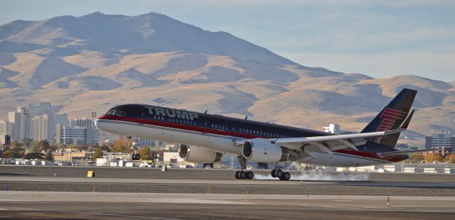 Boeing 757-200 (N757AF) - Donald Trump arrived in Reno at 1640 Nov 5, 2016 for a rally.  I was lucky to capture a "smoker" with our great City of Reno in the background.  I wish the lighting was different but I got the the photo