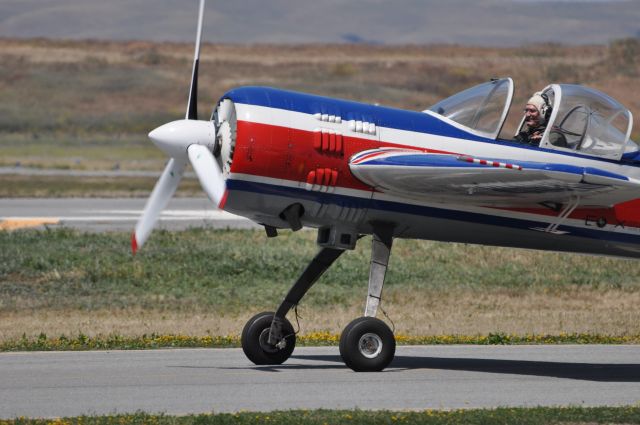 — — - Carl Liepold taxis in his Yak-55m after an awesome aerobatic performance at the Hollister Air Show.