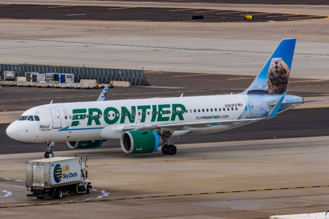 Airbus A320neo (N363FR) - A Frontier Airlines A320 neo "Ward the Beaver" taxiing at PHX on 2/14/23. Taken with a Canon R7 and Canon EF 100-400 II L lens.