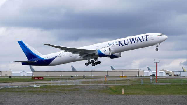 BOEING 777-300 (9K-AOI) - KAC8122 on rotation from Rwy 16R for its delivery flight to KWI on 4.1.17. (ln 1481 / cn 62566).