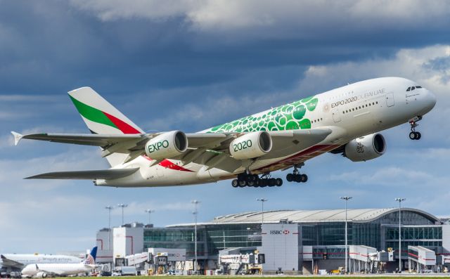 Airbus A380-800 (A6-EON) - Emirates super wearing the green Expo 2020 livery climbs off runway 06L and heads home to Dubai