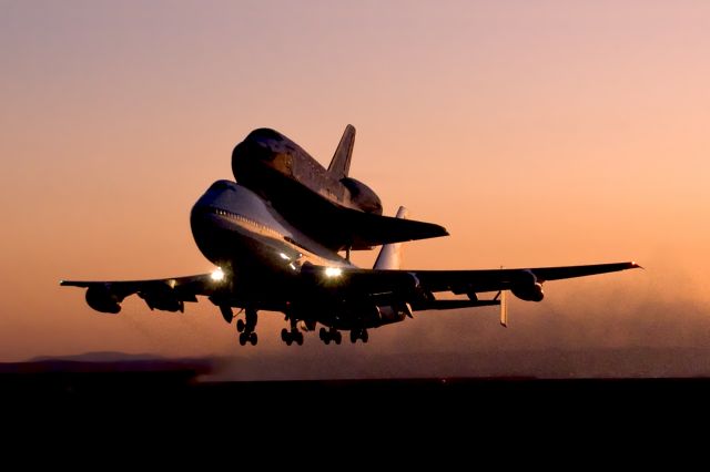 Boeing Shuttle Carrier (N911NA) - Shuttle Discovery departs EAFB on 747 SCA