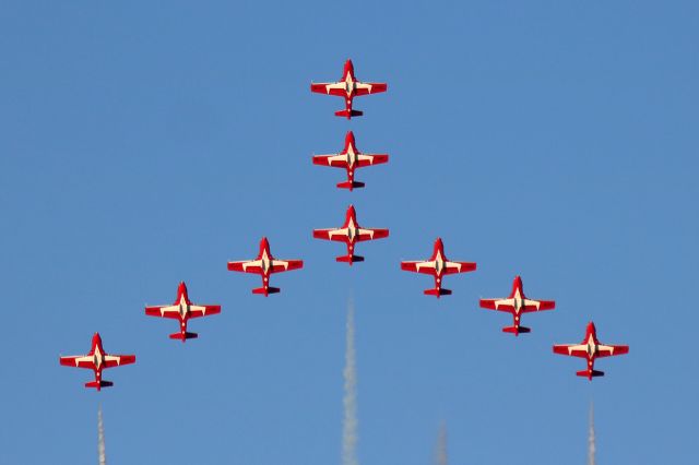 Canadair CL-41 Tutor (11-4051) - The RCAF Snowbirds 1 through 9 during Friday evening twilight performance at AirShow London 2017 on 22 Sept 2017. The CT-114 Tutor’s at this event included: 114051/1, 114109/2, 114009/3, 114145/4, 114013/5, 114090/6, 114131/7, 114149/8, 114096/9, 114161/10, and 114146/11.