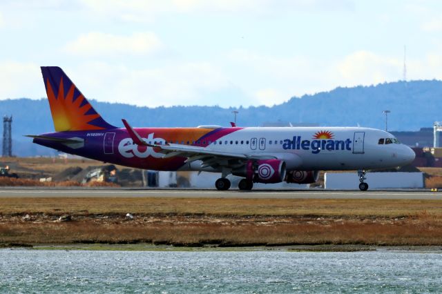 Airbus A320 (N198NV) - Allegiant A320 in Insomniac Livery arriving to Logan on 1/4/25.