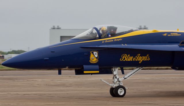 McDonnell Douglas FA-18 Hornet (16-3765) - Lt. Brandon Hempler, Blue Angel 6, soloist, gives the crowd at the Heart of Texas Airshow in Waco, TX a thumbs up while taxiing out for departure. Photo from April 2018  (please view in "full" for best image quality) 