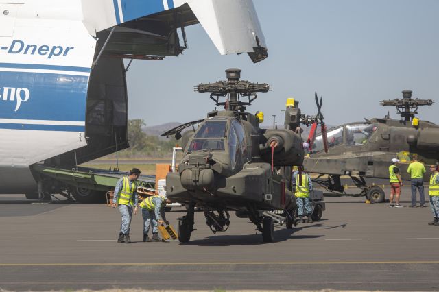 Boeing Longbow Apache — - Four Apache AH-64D Longbows being loaded about the Antonov AN-124 for their return home to Singapore after Exercise Wallaby 2019.