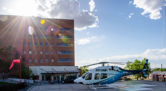 Bell 429 GlobalRanger (N911NM) - San Juan Regional Air Care 1 on the pad at Presbyterian Downtown hospital in ABQ, NM