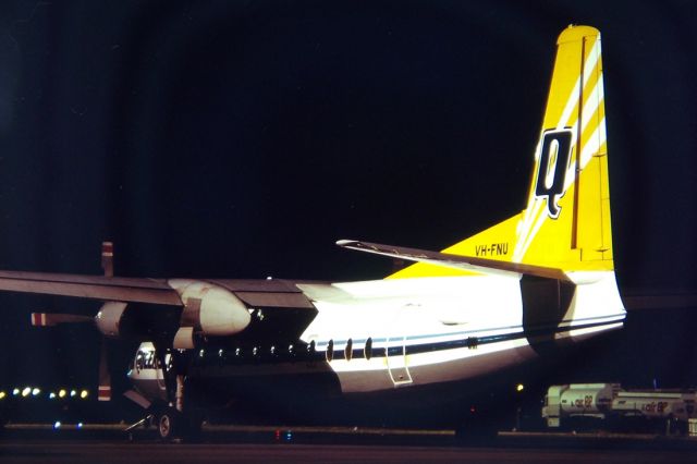 Fokker 100 (VH-FNU) - AIR QUEENSLAND - FOKKER F-27-400 - REG : VH-FNU (CN 10334) - ADELAIDE INTERNATIONAL AIRPORT SA. AUSTRALIA - YPAD 5/11/1985 35MM SLIDE CONVERSION USING A LIGHTBOX AND A NIKON L810 DIGITAL CAMERA IN THE MACRO MODE.
