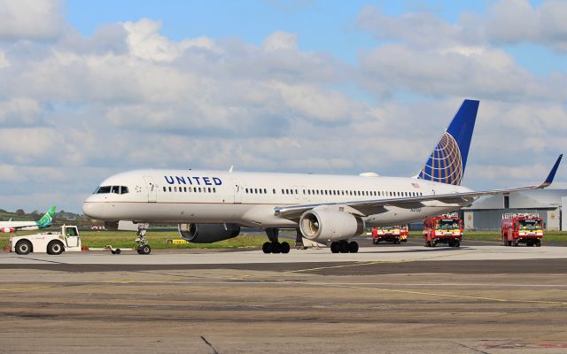 Boeing 757-200 (N41140) - united b757-2 n41140 being towed onto stand at shannon after diverting in while routing belfast to newark due to nose wheel indication light showing red in the cockpit 24/10/16.