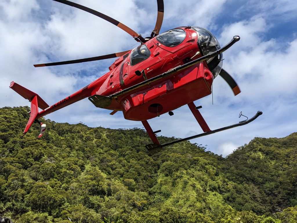 N711KV — - Kaua'i--Our pilot departs after dropping us off at our montane work site, June 2022. I find myself continually impressed with the maneuverability of these sporty little rotorcraft.